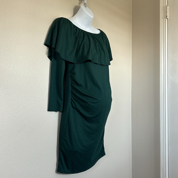 Pinkblush Emerald Green Ruffle Off The Shoulder Long Sleeve Maternity Mini Dress - Picture 6 of 10